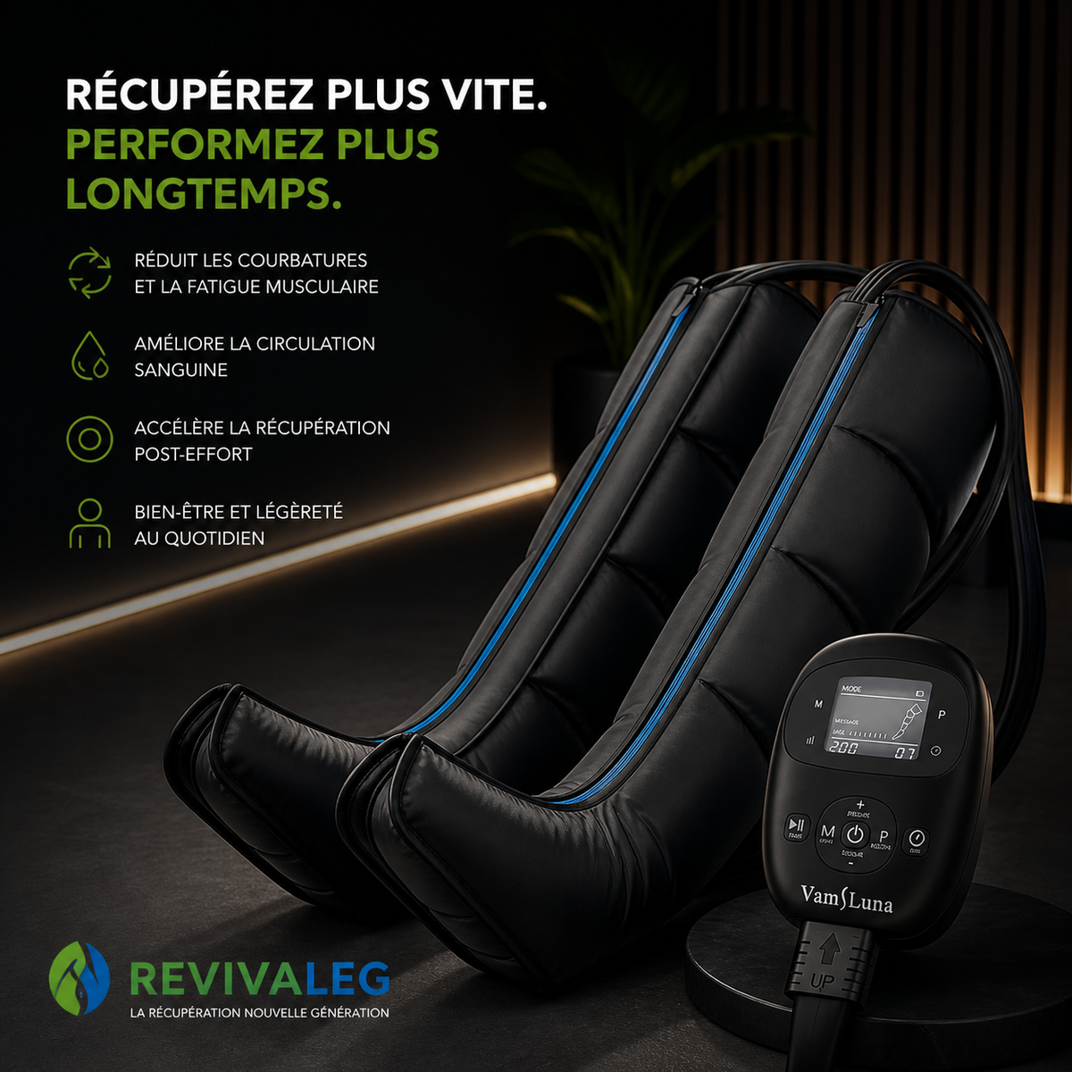 Bottes de pressothérapie ReVivaLeg et boîtier préparés pour une première utilisation
